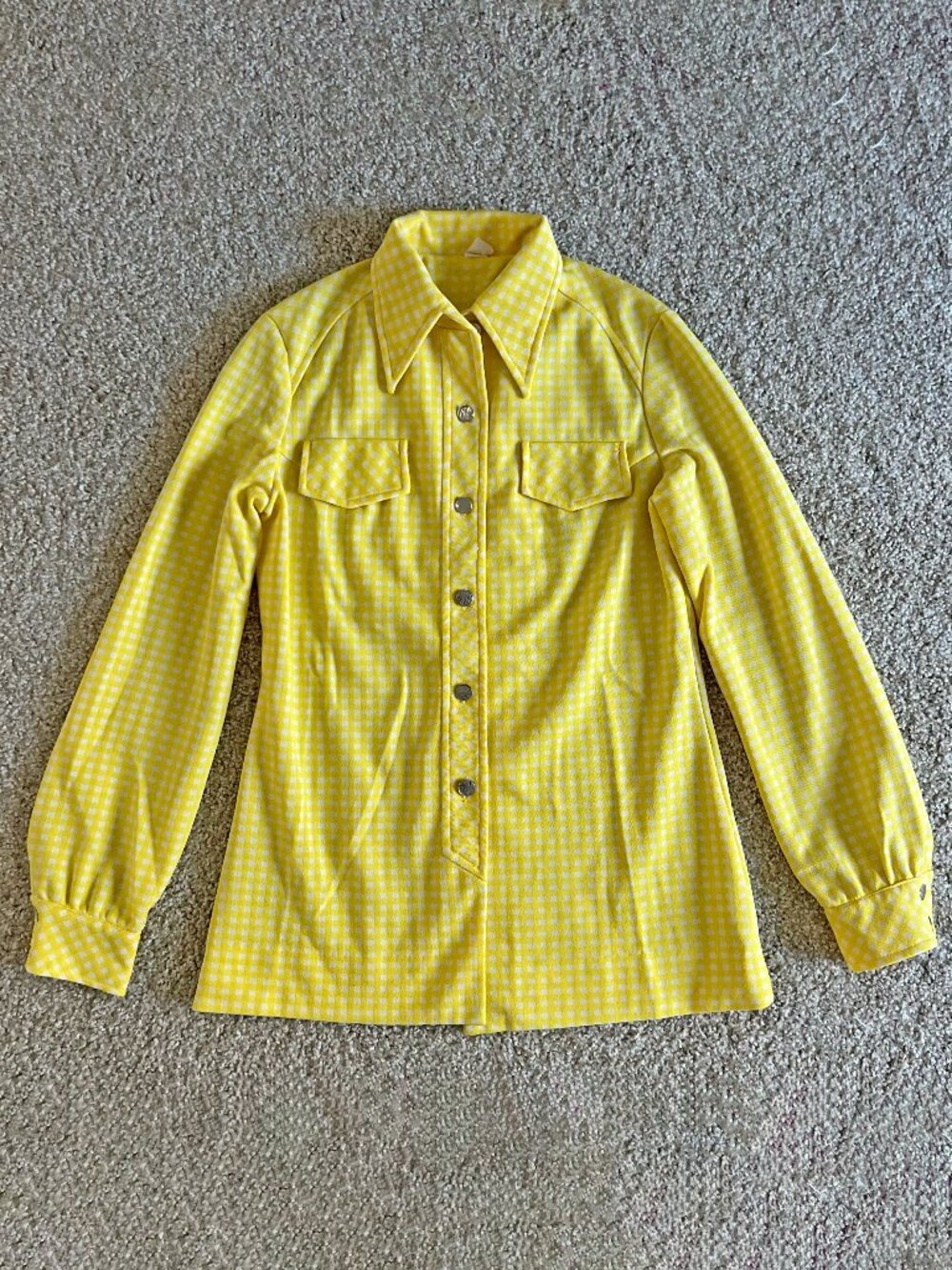70s Yellow Gingham Check Long Sleeve Pointed Collar Blouse Button Down Size M